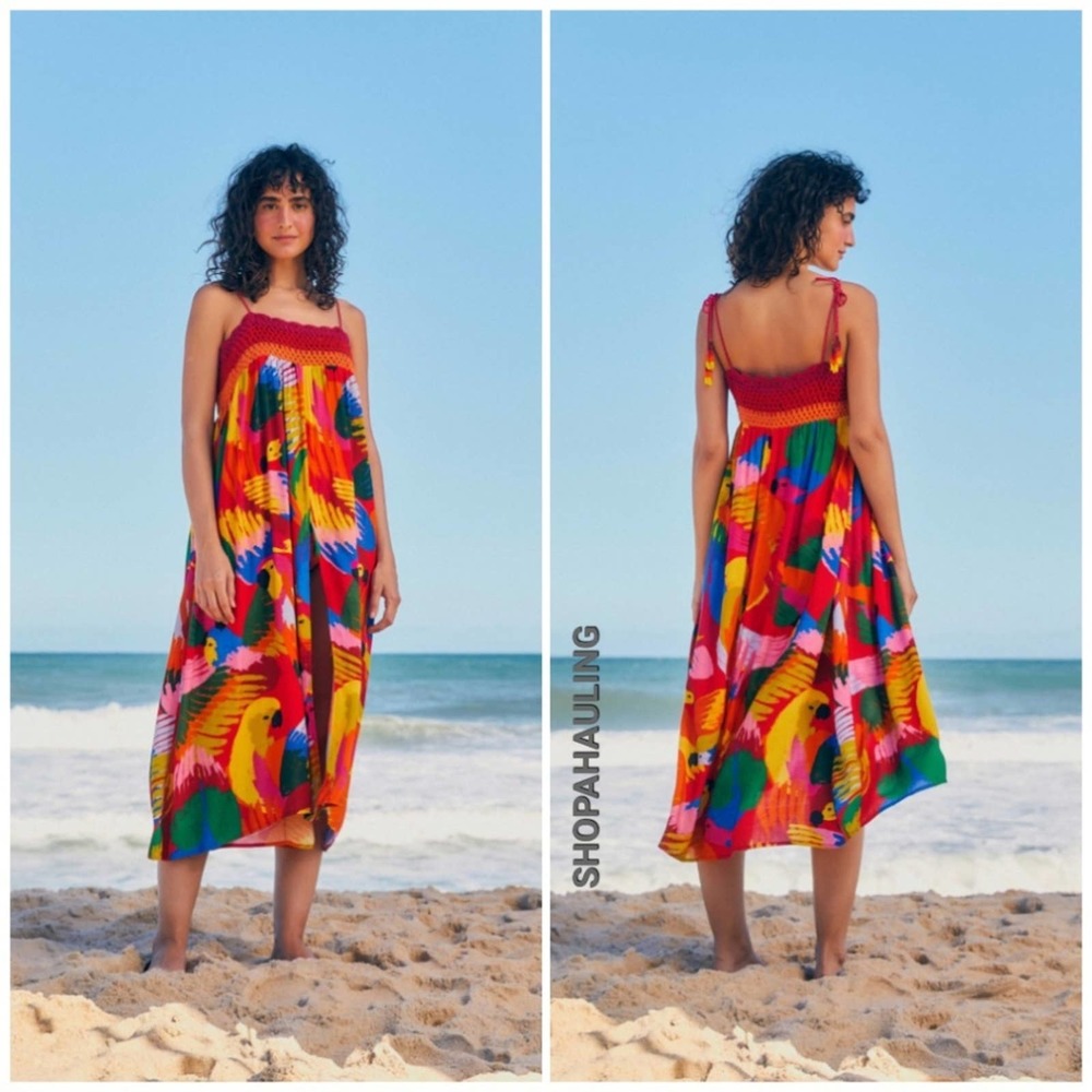 COPY - Farm Rio - Macaw Party Red Crochet Front Slit Beach Cover Up Dress - Siz…